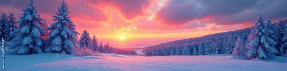 Serene winter landscape with snow-covered trees and a colorful sunrise, serene, landscape Serene winter landscape with snow-covered trees and a colorful sunrise, serene, landscape