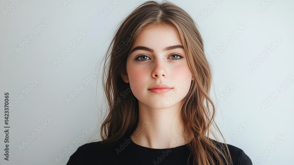 Young woman with long hair poses confidently against a neutral background in a modern setting Young woman with long hair poses confidently against a neutral background in a modern setting