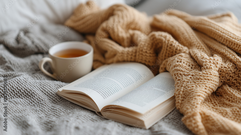Cozy Reading Corner: An open book, a warm cup of tea, and a soft blanket create an inviting scene of relaxation and comfort, a perfect invitation to unwind and escape into a world of words. Cozy Reading Corner: An open book, a warm cup of tea, and a soft blanket create an inviting scene of relaxation and comfort, a perfect invitation to unwind and escape into a world of words.