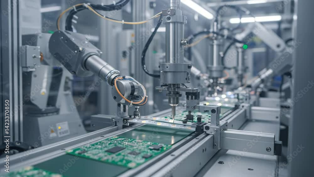 Robotics Assembly: A cutting-edge automated assembly line features robotic arms meticulously working on circuit boards. Illustrating technology, precision, and industry Robotics Assembly: A cutting-edge automated assembly line features robotic arms meticulously working on circuit boards. Illustrating technology, precision, and industry