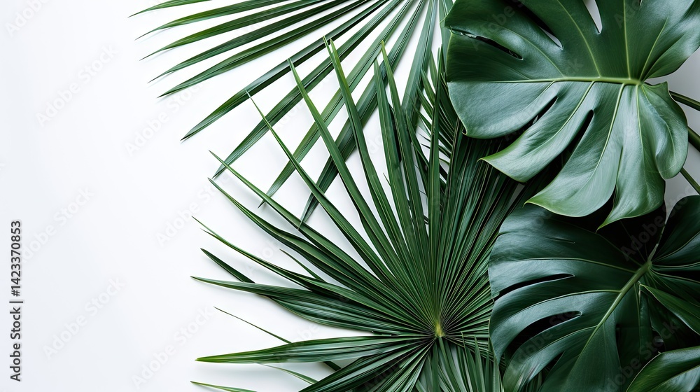 Top view of tropical palm leaves branch and swiss cheese plant isolated on white background with copy space.
