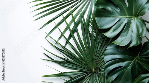 Obraz na płótnie Top view of tropical palm leaves branch and swiss cheese plant isolated on white background with copy space. w salonie