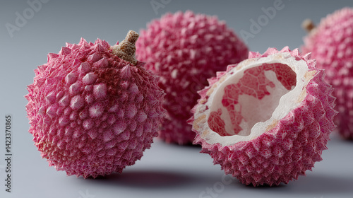 Lychee Delights: A group of lychee fruits,  with a vibrant red hue and bumpy exterior, are beautifully arranged on a grey background. One fruit is partially cut open.