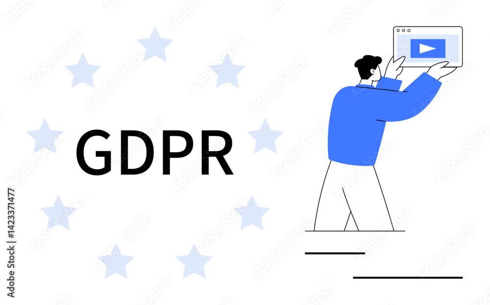 GDPR text surrounded by stars, person holding a digital screen. Ideal for privacy, data security, compliance, web policy, user rights, online safety, simple landing page GDPR text surrounded by stars, person holding a digital screen. Ideal for privacy, data security, compliance, web policy, user rights, online safety, simple landing page