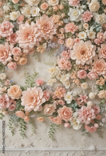 Pastel artificial flower wall, vintage lace, soft floral wallpaper, photo backdrop, floral