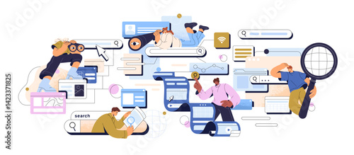 Concept of browsing. People search information online. Analysts do request, surfing the internet. Characters with binoculars, magnifier look for data in Web. Flat isolated vector illustration on white