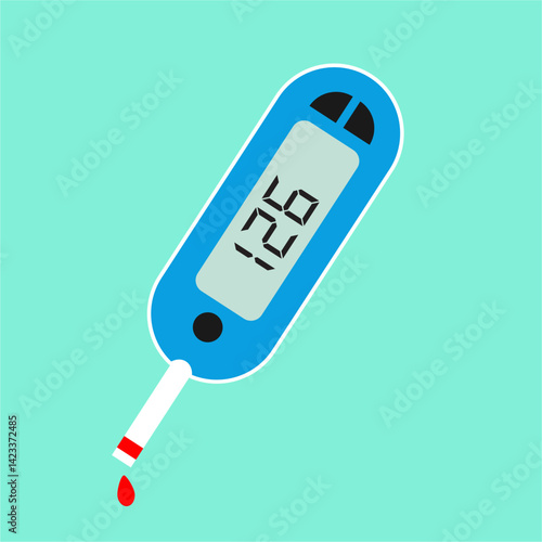 Graphic icon of a glucometer with a blood sample, a medical device 
used by doctors for checking blood sugar, commonly used for diabetic patients. 
Flat vector illustration.