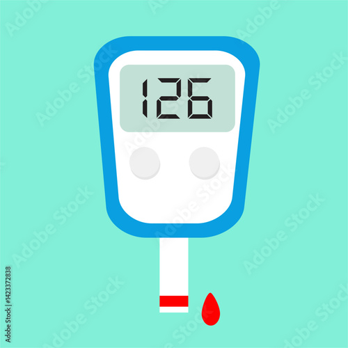 raphic icon of a glucometer with a blood sample, a medical device used 
by doctors for checking blood sugar, commonly used for diabetic patients. 
Flat vector illustration.  