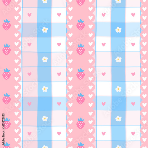 Kawaii Seamless pattern with strawberries, hearts, and pastel colors. Vector bg for Valentine Day, children clothing, nursery items, and wrapping paper