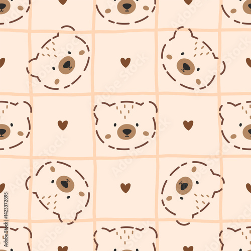 Kawaii bear and strawberry seamless pattern in soft pastel colors. Gingham bg Vector design for nursery wallpaper, fabric, and kids appare