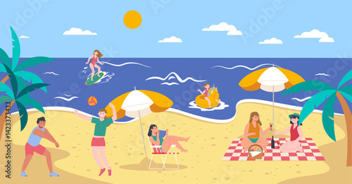 People beach vacations. Young adults rest on beachside near ocean or sea. Friends play volleyball, eating on picnic. Girl read book, surfing, splendid vector scene