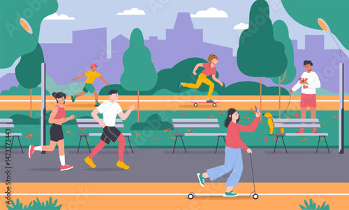 Summer park walking. People rest in city garden, jogging, ride skateboard and scooter. Guy walking dog and wait girlfriend, splendid vector scene