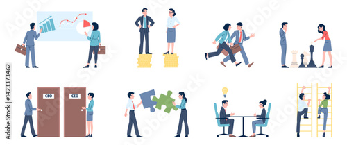 Gender business equality. Equal right male and female at work and in career opportunities. Men women managers working, financial equality recent vector scenes