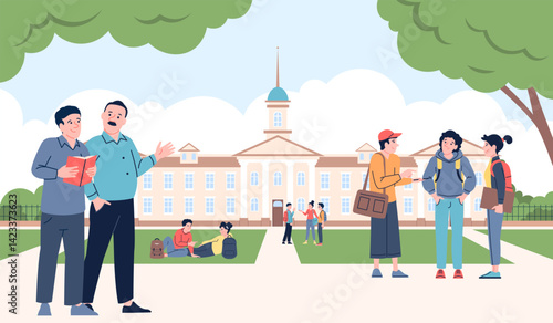 University park scene. Freshmen with parents, students studying outdoor. Back to college or school, new study year. Education recent vector concept