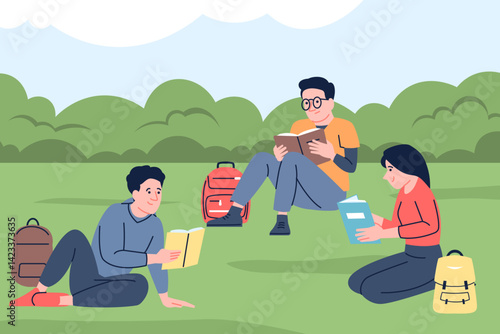 Studying in the park. Students group learning outdoor, reading books and exam prepare. Pupils doing homework together on nature, recent vector concept