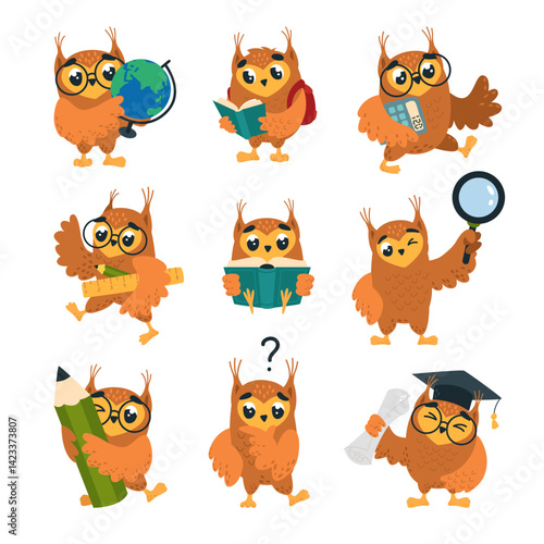 School owls. Owl teacher and students reading book, thinking, looking on globe. Smart wild birds in glasses, with pencil and magnifying glass, classy vector characters