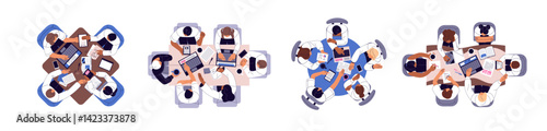 Set of people at the table top view. Employees, workers are at meeting, negotiation sit around desks. Team of students study together. Teamwork in office. Flat isolated vector illustrations on white