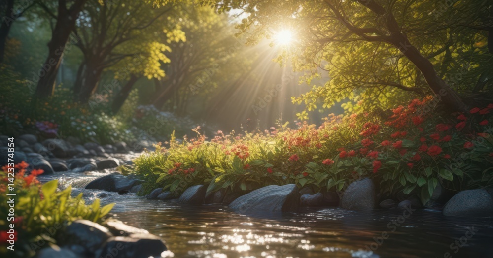 Fototapeta premium Sunlight dappling through leaves onto vibrant blooms by flowing water, forest, river