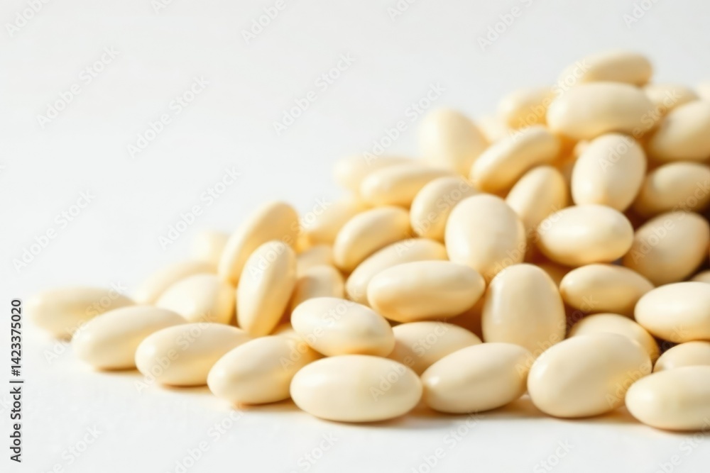 Close-up of pile of white beans against white backdrop, protein, minimal Close-up of pile of white beans against white backdrop, protein, minimal