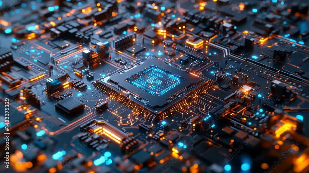A futuristic microprocessor chip with a sleek metallic design, advanced AI processor on a motherboard, high tech micro chip, Metallics style, digital computing