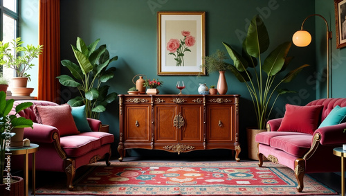 Vibrant, eclectic living room scene featuring a richly polished wooden vintage commode with ornate carvings, paired with plush, velvet-covered furniture in a deep berry tone, adorned with luxurious go