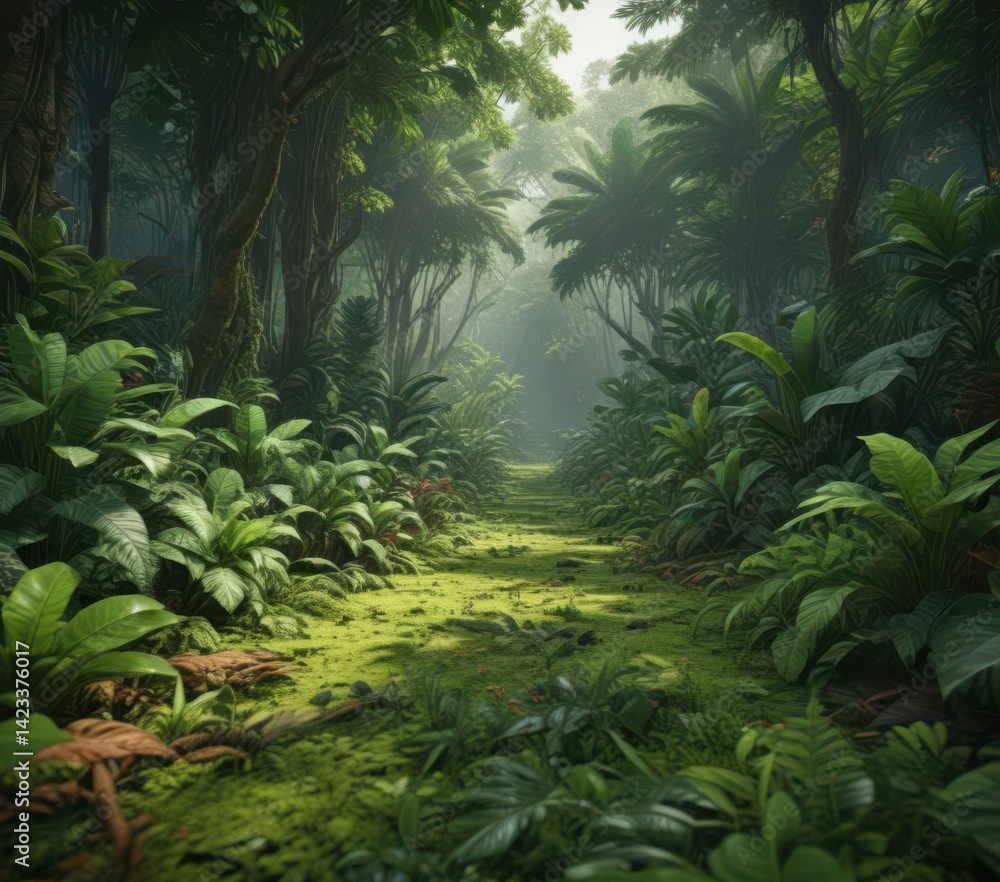 Lush green tropical undergrowth, vibrant leaves carpet the forest floor , asset, texture, natural