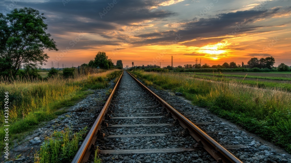 Fototapeta premium Railway tracks leading into sunset, vibrant sky, lush green fields.