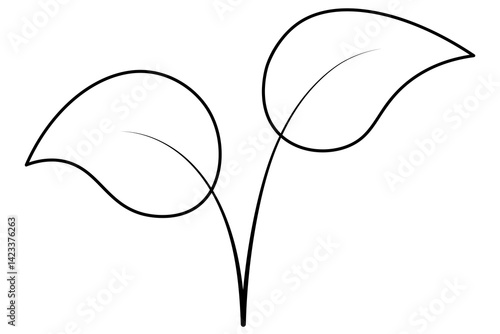 Sprout of seedling. Two branches with leaves. Sketch. Vector illustration. Outline on isolated white background. Doodle style. Seed sprouted into plant. Coloring book for children. 