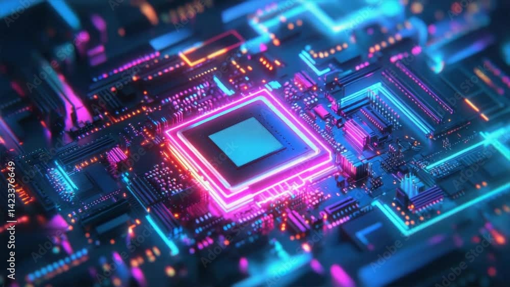 Isometric style digital artwork of a futuristic micro chip with a glowing neon aesthetic, AI processor on a motherboard, high tech circuits, advanced computing technology