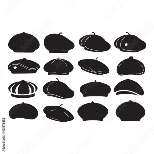 Set of black french beret hat silhouette vector flat illustration design