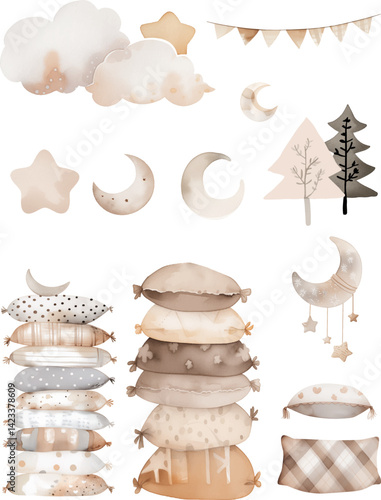 set of bedroom element pillow and decoration vintage style watercolor vector illustration