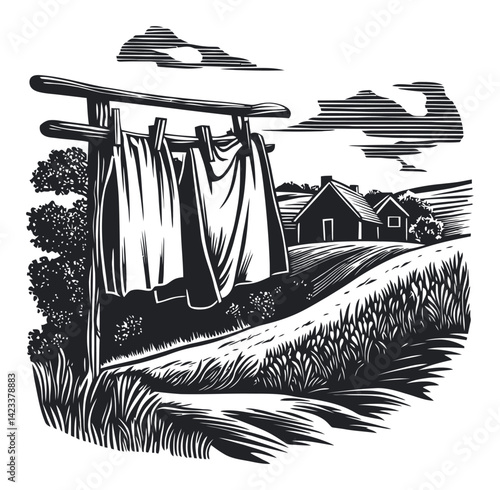 Scenic Linocut of Clothes Hanging on a Line in a Rural Landscape