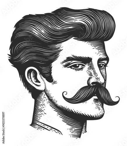Vintage Style Male Portrait with Mustache in Black and White Engraving