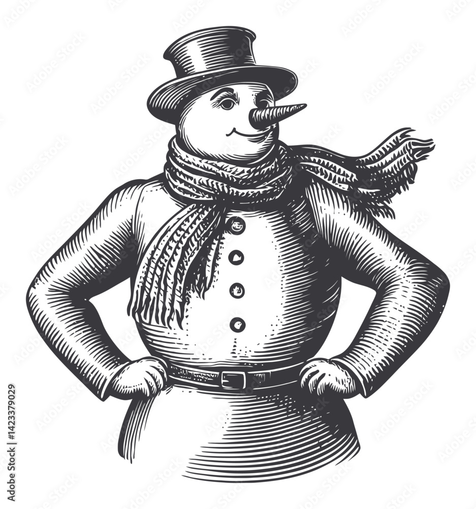 Obraz premium Detailed Black and White Engraving of a Snowman with Scarf and Hat