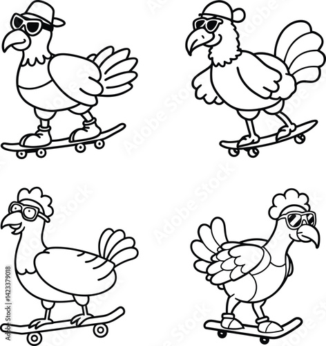 Funny chickens skateboarding vector illustration with sunglasses and hats cute animal cartoon