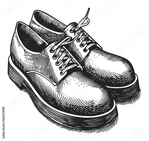 Detailed Illustration of Classic Lace-Up Shoes in Engraving Style