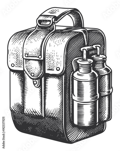 Vintage Backpack with Water Bottles in Detailed Line Art Style