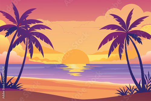 Tropical beach with palm trees and sunset. Vector illustration.