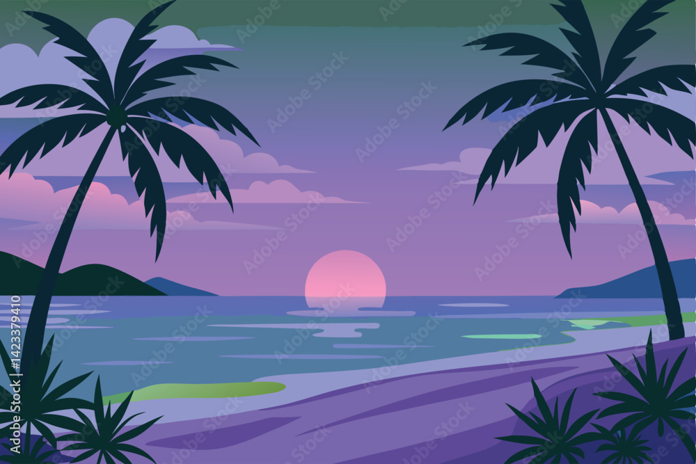 Obraz premium Tropical beach at sunset with palm trees, vector illustration.