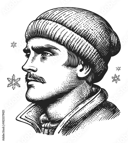 Vintage Illustration of a Man in a Beanie with Snowflakes Background