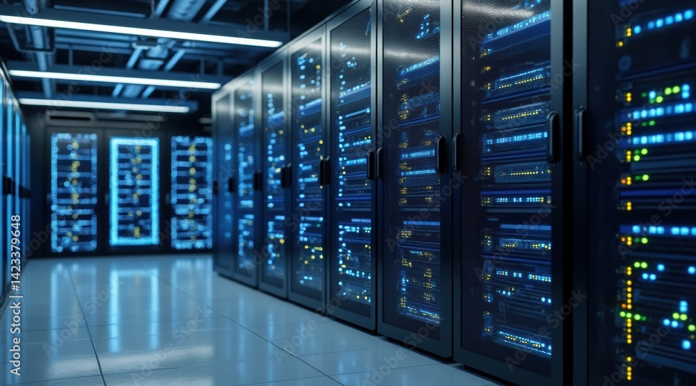 A modern server room filled with racks of servers, illuminated by blue lights, showcasing advanced technology and digital infrastructure. A modern server room filled with racks of servers, illuminated by blue lights, showcasing advanced technology and digital infrastructure.