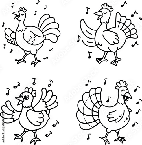 Line art dancing chickens vector cartoon illustrations with music notes scattered around