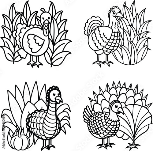 Wallpaper Mural Collection of turkey illustrations black and white outline thanksgiving holiday animals Torontodigital.ca