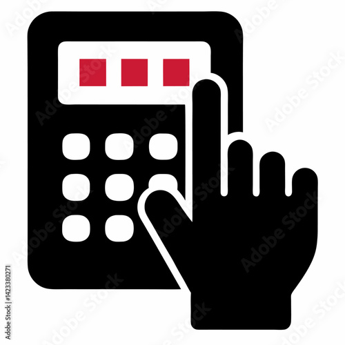 Black keypad with a finger entering a code vector black icon bon white background.