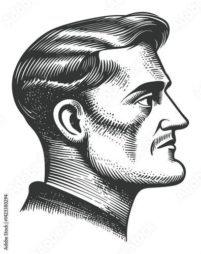 Vintage Profile Illustration of a Handsome Man in Linocut Style