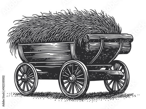 Vintage Style Cart with Hay Detailed Engraving Illustration