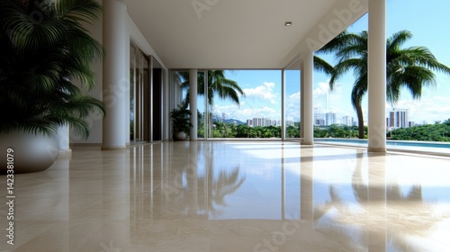 Luxurious indoor-outdoor patio with city views.  Spacious, modern, and elegant design with polished marble floors, reflecting the surrounding landscape, lush greenery, and tropical ambiance