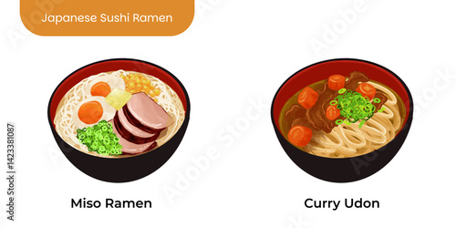 A colorful and tasty illustration of ramen and sushi traditional Japanese food