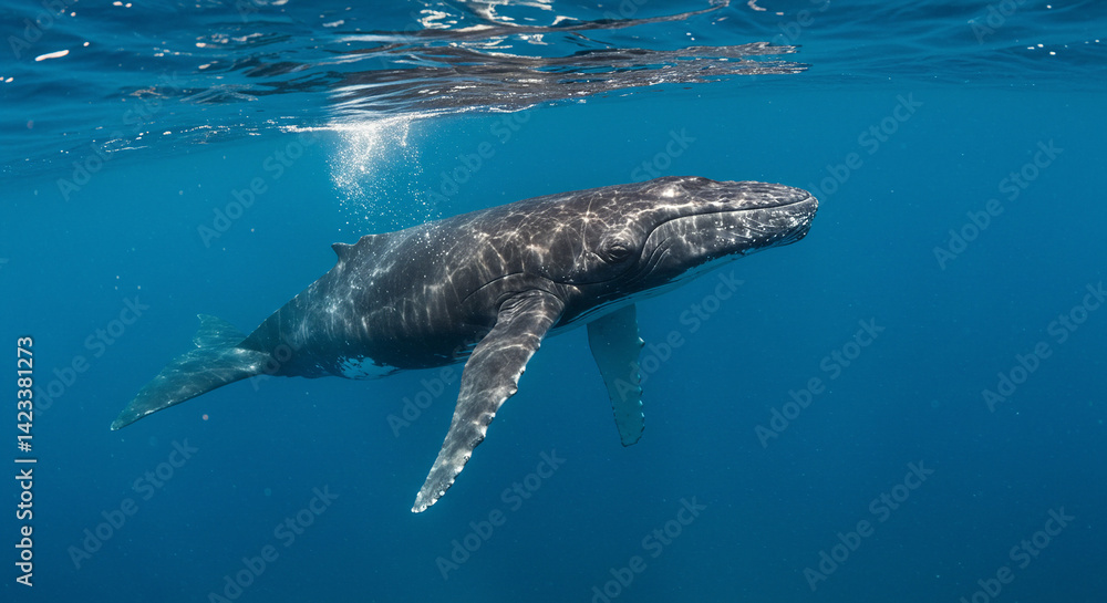 Naklejka premium Humpback Whale Swimming in Ocean Water Underwater
