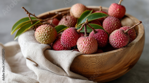 Lychee Bowl: A bowl filled with luscious, ripe lychees, showcasing their distinctive red skin and delicate texture, creates a captivating image for food enthusiasts. 